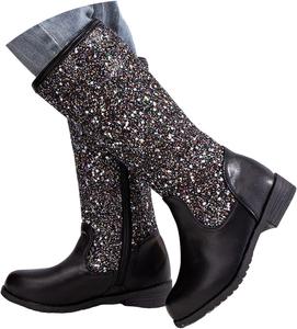Детские ковбойские сапожки для девочек, средняя голень, с блестками, из блестящей кожи, стиль вестерн, массивный каблук, молния сбоку, круглый носок, широкие модные водонепроницаемые ботинки для малышей, маленьких и больших детей ZSpzx, Black
