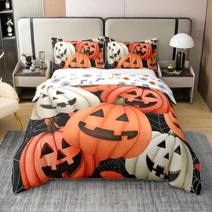 Erosebridal Готический комплект постельного белья Halloween Pumpkin из 100% хлопка с узором тыкв и паутины в оранжево-белых тонах, Orange White