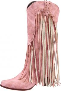 Женские сапоги до колена с бахромой, на широкий голень, массивный средний каблук, заостренный носок, вестерн-ботинки в стиле ковбойских Generic, Pink
