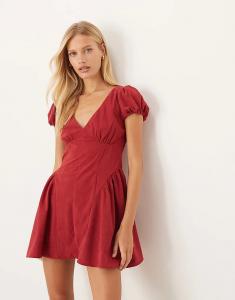Мини-платье ASOS DESIGN с корсетом на талии и рукавами-буфами вишневого цвета