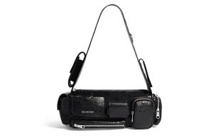 Сумка Balenciaga женская черная из тонкой овчины с тканевыми вставками, через плечо