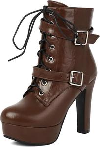 Женские ботильоны на шнуровке с ремешком и пряжкой, платформа, кожаные, с толстым каблуком, молния, осенне-зимняя обувь для прогулок EDEELVEEYS, Brown