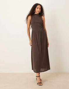 Коричневое платье миди с заниженной талией и рукавами ASOS DESIGN