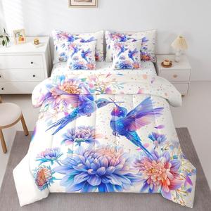 Erosebridal Комплект постельного белья Hummingbird Watercolor Purple Flower с тропическим цветочным принтом и птицами, Blue Purple Pink