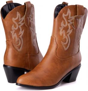 Женские ковбойские сапоги Alyaafifa Mid Claf Western с вышивкой, массивным блочным каблуком, заостренным закрытым носком и удобным верхом для езды, Brown