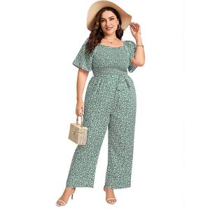Женские комбинезоны больших размеров для женщин, цельный комбинезон с короткими рукавами и длинными брюками с принтом Kojooin, цвет Green Flower