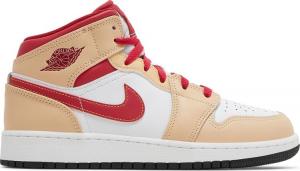 Кроссовки Air Jordan 1 Mid GS Light Curry Cardinal Red, кремовый