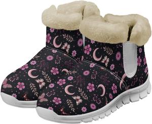 Зимние ботинки chaqlin с цветочным рисунком, женские снежные ботинки на плоской подошве, противоскользящие, с широкой голенью, пушистые, уютные, повседневные, для работы и прогулок на улице, легкие, Purple Flower Floral Moon