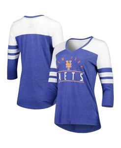 Женская футболка с v-образным вырезом и рукавами 3/4 с логотипом Heather Royal New York Mets League Leader Tri-Blend Fanatics