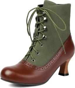 Викторианские женские ботинки на шнуровке с перфорацией, невысокий каблук, круглый носок, винтажные ботильоны для повседневной носки, вечеринок и косплея EDEELVEEYS, Green