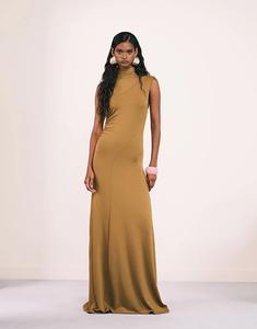Платье макси ASOS DESIGN с высоким воротом, драпировкой и швами горчичного цвета