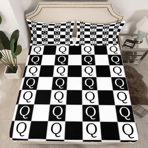 Erosebridal Комплект постельного белья Black White Plaid в клетку с монограммой F для детей в стиле фермерский дом, Black White Q