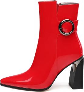 Женские ботильоны, лаковые с заостренным носком, боковой молнией и высоким каблуком, короткие ботинки, женские ботинки на массивном каблуке, удобные ботинки 3,5 дюйма Heisnemca, Red Patent