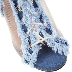 Женские джинсовые босоножки SHEMEE с сетчатой вставкой, открытым носком, высокими каблуками, кружевами, летние ботильоны с открытым носком и задней молнией, 7Cm Heel