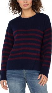 Свитер Liverpool Los Angeles Women's Petite Long Sleeve Crew Neck Dropped Shoulder Sweater, Burgundy/Navy Stripe