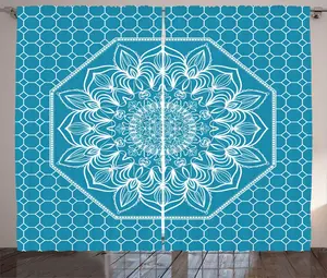 Штора ABAKUHAUS Blue Mandala в деревенском стиле, с цветочным ажурным рисунком, присборенная тесьма для спальни с петлями и крючками, 280 x 225 см, цвет морской волны и кремовый Abakuhaus