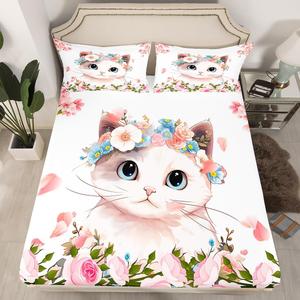 Erosebridal Комплект постельного белья Kawaii Cat с розовым цветочным принтом и мультяшными котятами, Multi 09