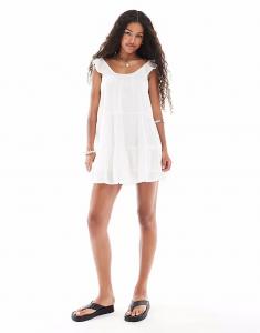 Многоярусное мини-платье из марли с круглым вырезом белого цвета Only