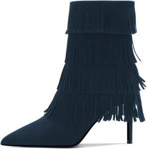 Женские сапоги YDN Cowgirl с бахромой, кисточками, высоким каблуком-стилето до колена, боковой молнией, длинные ботильоны в западном стиле, размеры 4-15 US, Dark Blue Ankle High