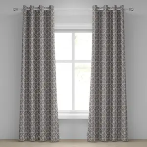 Шторы на люверсах ABAKUHAUS серо-коричневого цвета с мотивом русской природы и флоры, горошек, изогнутые этнические ветки с листьями, аутентичные, бохо, декоративные, двухпанельные, 280 см x 175 см, бежево-серый