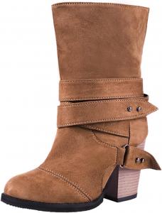 Женские ботильоны ZBYY с среднем каблуком, массивной платформой и пряжкой, ретро стиль, массивный каблук, боевые ботинки, зимняя обувь для ходьбы и платья, 6 Brown