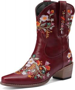 Женские ковбойские сапоги в западном стиле с вышивкой цветов, сапоги средней длины, зауженный носок, низкий широкий каблук Kldyj, Red