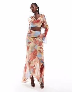 Длинная юбка из шифона с косым кроем и размытым принтом Asos Design