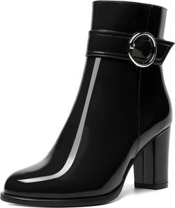Женские повседневные ботильоны MODENCOCO с круглым носком, боковой молнией, модным дизайном, комфортные лакированные на высоком блочном каблуке 3,5 дюйма, Black
