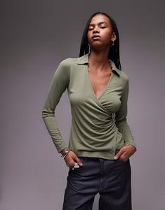 Топ Topshop Cupro с длинными рукавами и запахом, зеленый