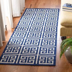 Ковер-дорожка SAFAVIEH, 77 x 214 см, Dhurries Collection, Navy & Ivory, ручная работа, плоское плетение из шерсти и бананового шелка, идеально для помещений с высокой проходимостью в гостиной, спальне (DHU626D)