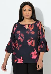 Топ Ulla Popken RUNDHALS KEYHOLE 3/4-VOLANTÄRMEL, Black