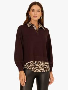 Свитер с леопардовым принтом и пуговицами на воротнике Adrianna Papell, Brownie/Multi