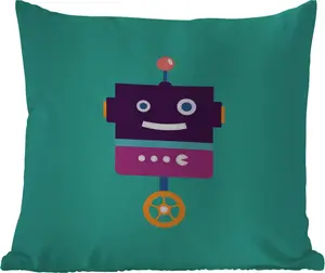 Подушка для улицы - Робот - Колесо - Фиолетовый - Зеленый - Мальчики - Дети - 50 x 50 см - Водонепроницаемая - Подушка для отдыха - Удобная - Подушка с рисунком MuchoWow