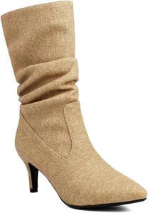 Женские джинсовые ботильоны с защипами, сексуальный заостренный носок, на подъем, с теплой меховой подкладкой, средний каблук, зимние уличные модные ботинки LVOMU, Brown