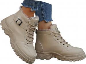 Женские зимние сапоги ZSpzx, короткие боевые ботинки с меховой подкладкой, платформой, кожаные, на шнуровке, с круглым носком, металлической пряжкой, стильные, водонепроницаемые, противоскользящие, удобные, повседневные, для походов, Beige