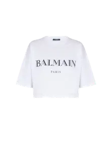 Прямоугольная укороченная футболка с принтом Balmain, белый/черный