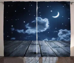 Штора для спальни ABAKUHAUS Rustic Night, деревянная доска, звездное небо, со сборками, петлями и крючками, 280 x 225 см, темно-синий, нежно-голубой Abakuhaus
