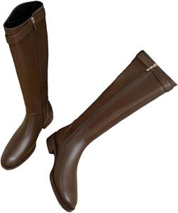 Женские винтажные ботинки до колена с пряжкой, узкая посадка, низкий каблук, осенне-зимние длинные ботильоны Generic, Brown