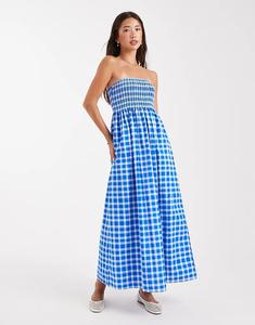 Платье-бандо миди New Look со сборками в клетку синего цвета