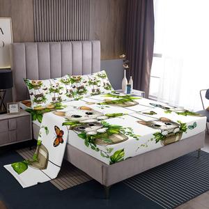 Erosebridal Комплект постельного белья Cat с милыми котиками и зелеными листьями растений, Green Grey