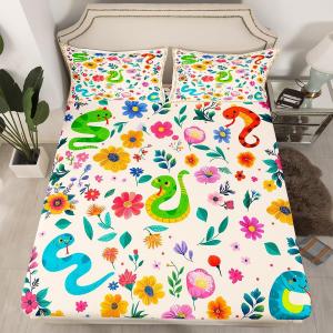Erosebridal Фиттед простыня Snake Boho Floral с ботаническим принтом в бежевых тонах, Beige Yellow Green Blue Purple Teal Red
