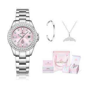 Часы для женщин с механизмом Princess Quartz, ремешок из нержавеющей стали, розовый циферблат Disney, Cherry Blossom Pink[Disney Princess Box+Necklace+Bangle]