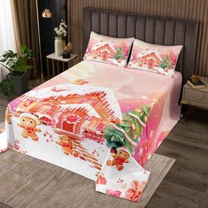 Erosebridal Комплект постельного белья с новогодним принтом пряничных домиков и снежинок, Pink