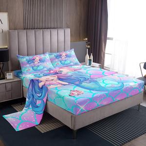 Erosebridal Комплект постельного белья Little Mermaid с морскими животными и рыбками в стиле кавай, Pink Purple Teal