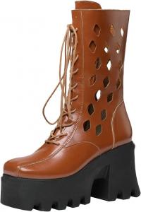 Женские летние ботильоны Uniquelly с перфорацией, высокой массивной подошвой, платформой, открытой «клеткой», шнуровкой, боковой молнией и круглым носком, модная обувь, Brown