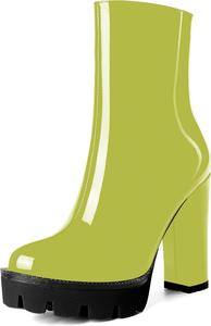 Женские повседневные уличные босоножки MOVINSTEPS с круглым носком, блестящей платформой, молнией, однотонные лакированные ботильоны на высоком каблуке 4,7 дюйма, Yellow Green
