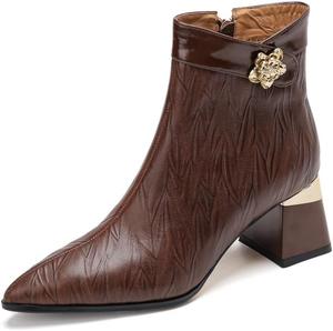 Женские ботильоны TinaCus с зауженным носком, из натуральной кожи, ручной работы, с металлическим цветком, средней массивной стойкой и застежкой-молнией на щиколотке, Brown