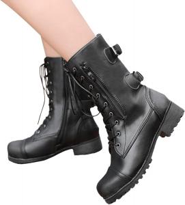 Женские ботинки ZBYY на шнуровке до щиколотки, военные боевые ботинки, зимние ботинки средней длины, для езды, с пряжкой, невысокий каблук, боковая молния, противоскользящие мотоциклетные ботинки, 10.5 Black