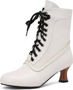 Женские винтажные ботильоны в викторианском стиле с молнией, шнуровкой, округлым носком, массивным маленьким каблуком, готические ведьмовские ботинки с боковой молнией Generic, White