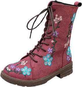 Женские ботинки до середины икры с винтажной вышивкой цветов, ботильоны на молнии с боковой застежкой и шнуровкой, кожаные ботинки круглый носок, повседневные зимние ботинки до середины голени Generic, Wine